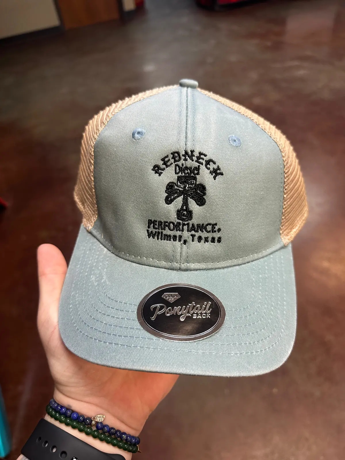 Ladies Light Blue Centered Logo Velcro Ponytail Hat 1