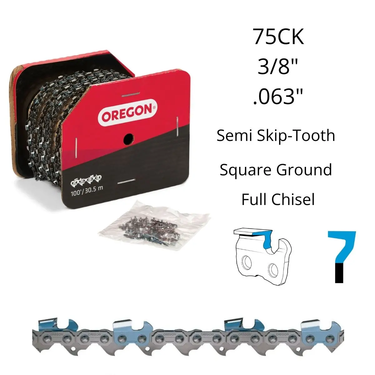 Oregon 75Ck Semi Skip-Tooth Square Ground 3/8" .063" 100Ft Full Chisel 1
