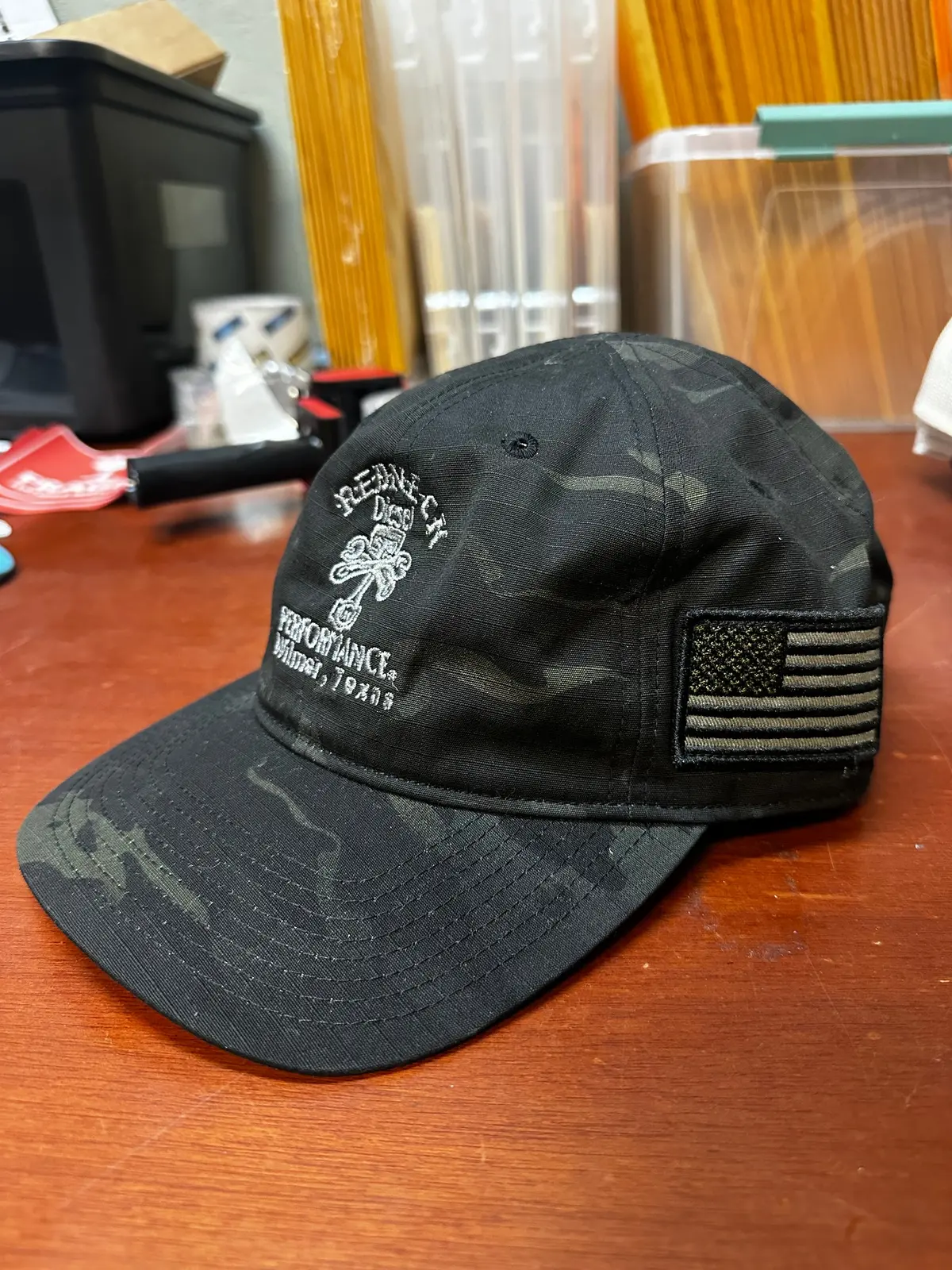 Camo Centered Logo With Muted American Flag Velcro Hat 1