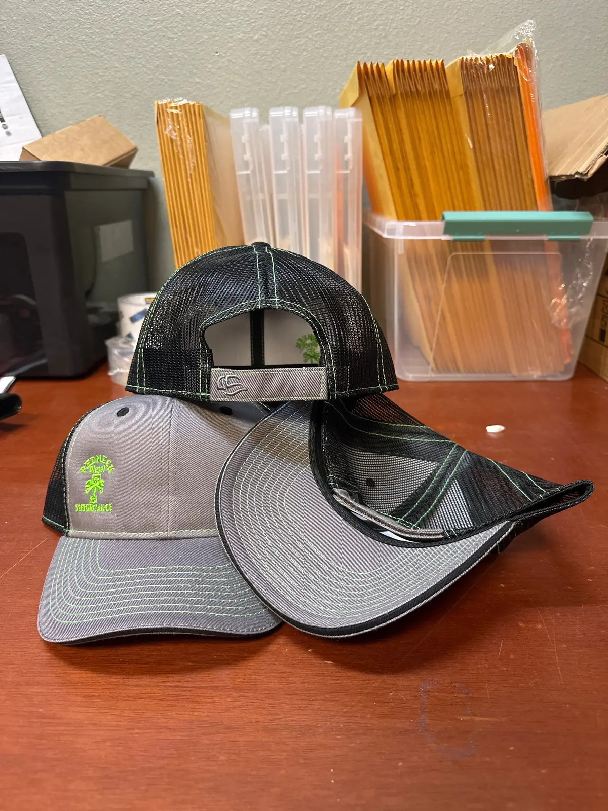 Grey & Black W/ Green Offset Logo Velcro Hat 1