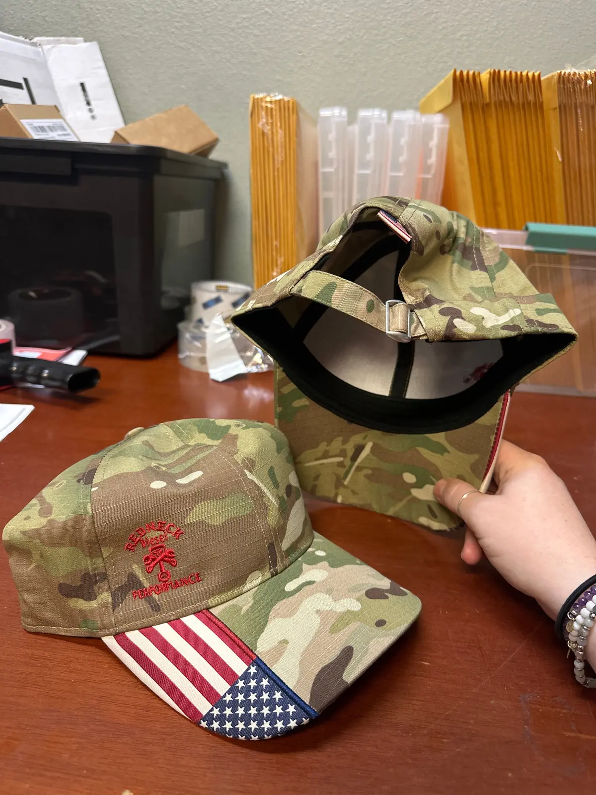 Light Camo W/ American Flag & Red Offset Logo Cinch Hat 1