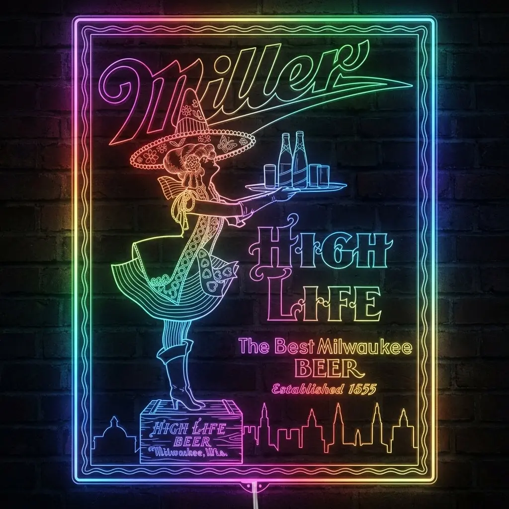 Miller High Life Girl Best Milwaukee Beer Est 1855 Neon Led Sign With Dynamic Rgb Colors 1
