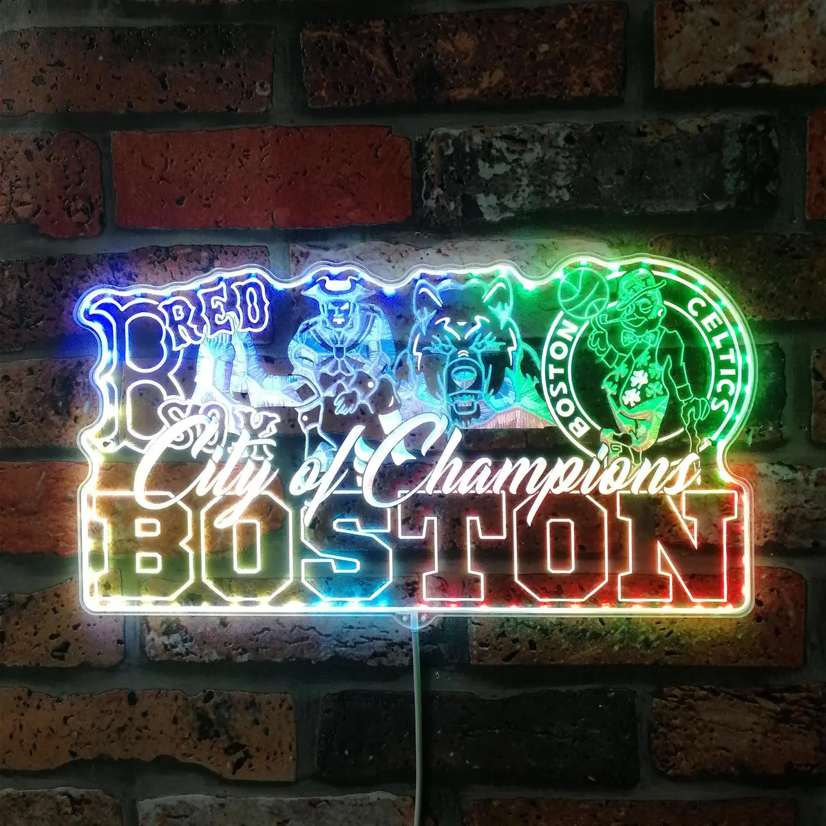 Boston Red Sox Patriots Bruins Celtics Mascot Collage Champs Neon Led Sign With Dynamic Rgb Colors 1