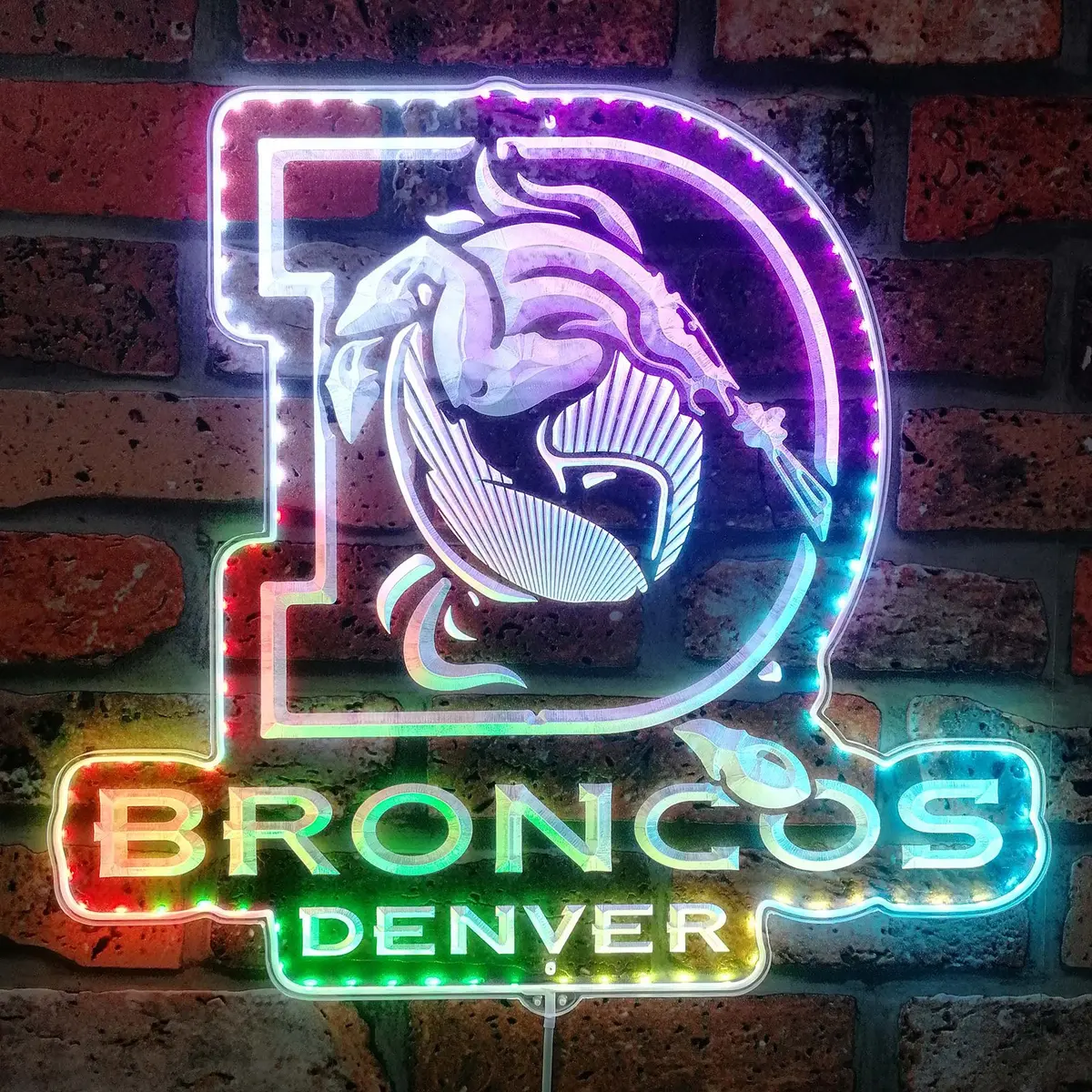 Denver Broncos Logo With Bronco In Center Of Denver D Neon Led Sign With Dynamic Rgb Colors 1