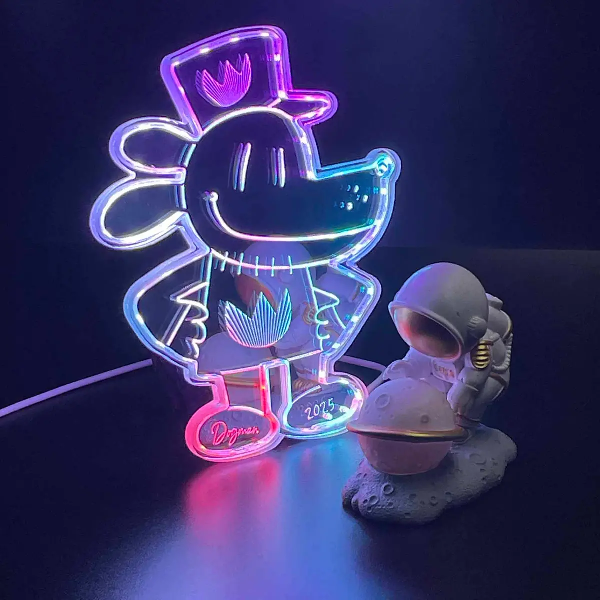 Dog Man Comic Book  Neon Led Sign With Dynamic Rgb Colors Mirror Backing 1