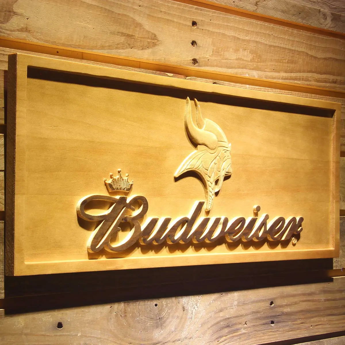 Minnesota Vikings Budweiser 3D Solid Wooden Craving Sign 2