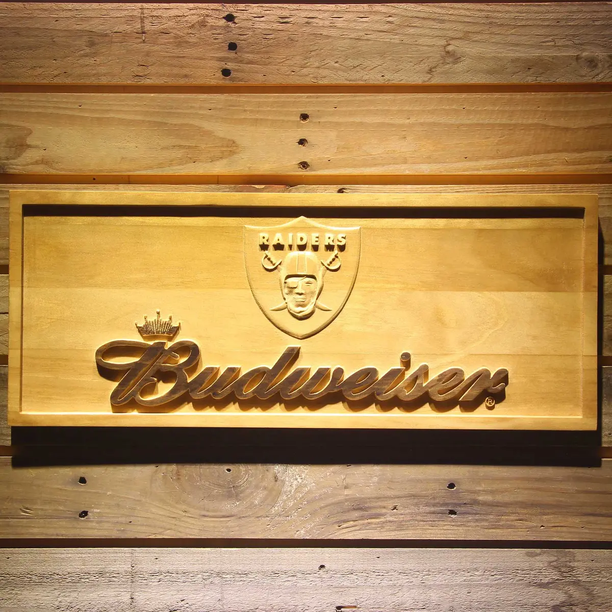 Oakland Raiders Budweiser 3D Solid Wooden Craving Sign 1