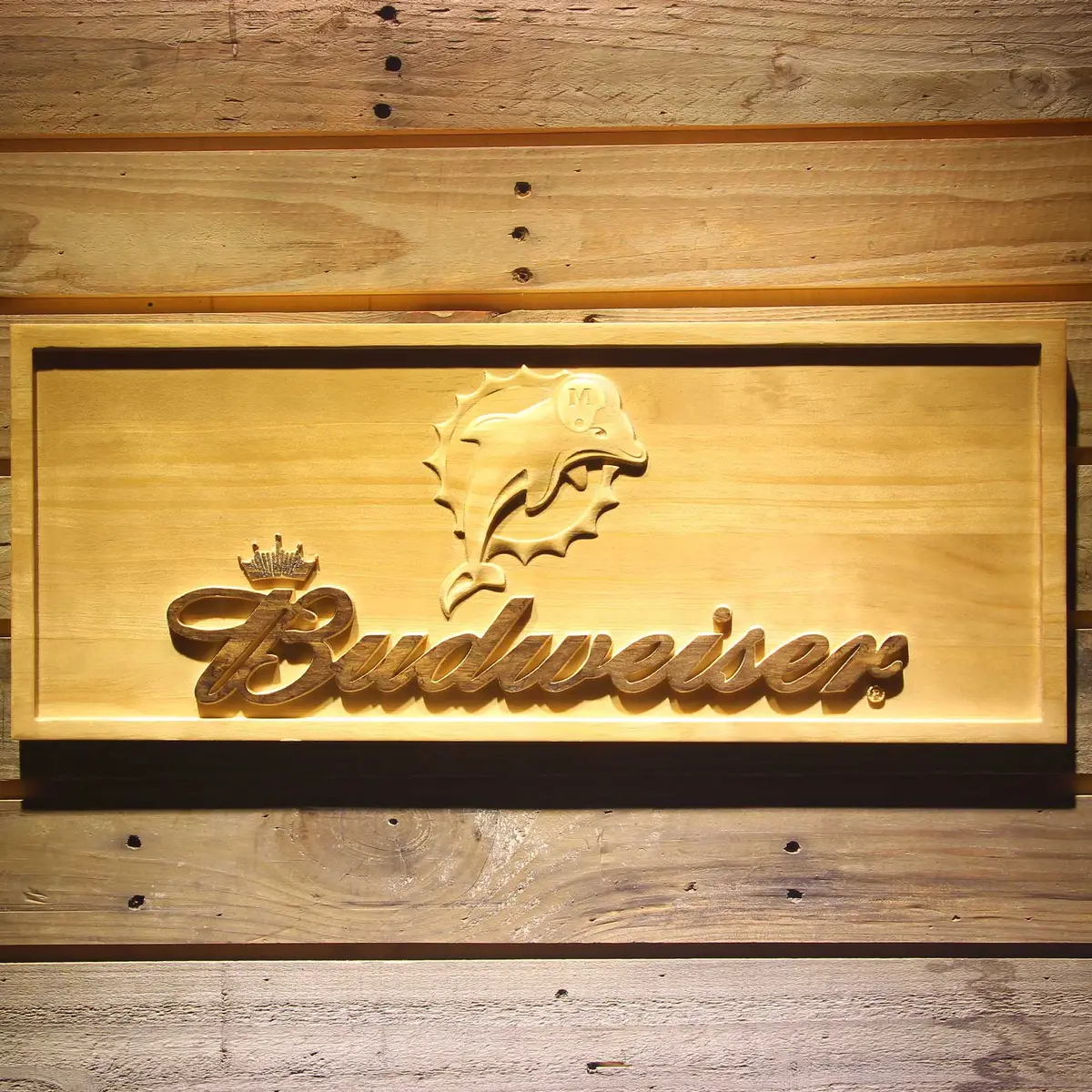 Miami Dolphins Budweiser 3D Solid Wooden Craving Sign 1