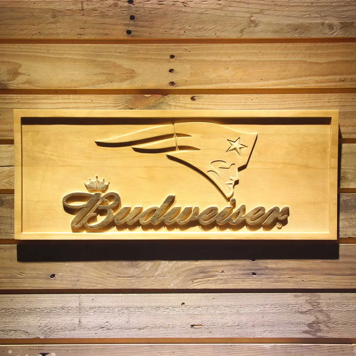 New England Patriots Budweiser 3D Solid Wooden Craving Sign 1
