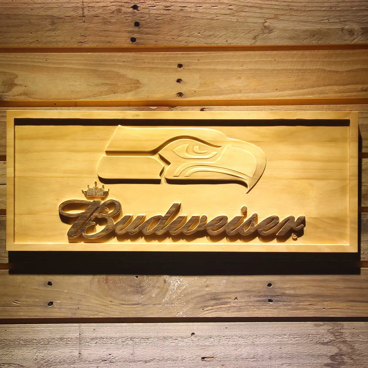 Seattle Seahawks Budweiser 3D Solid Wooden Craving Sign 1